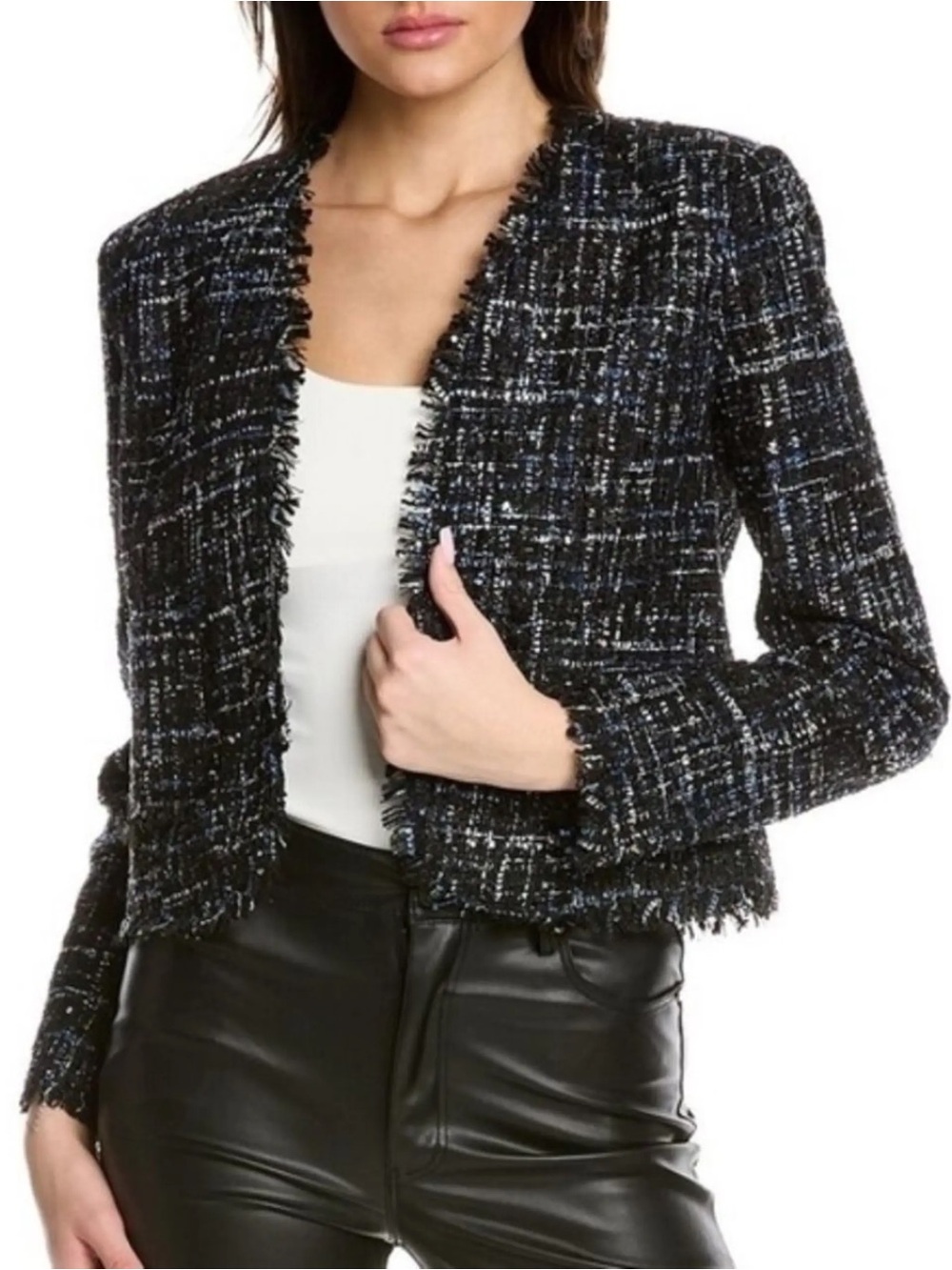 Bagatelle Collection Black Tweed Fringe Open Front Jacket Size XL